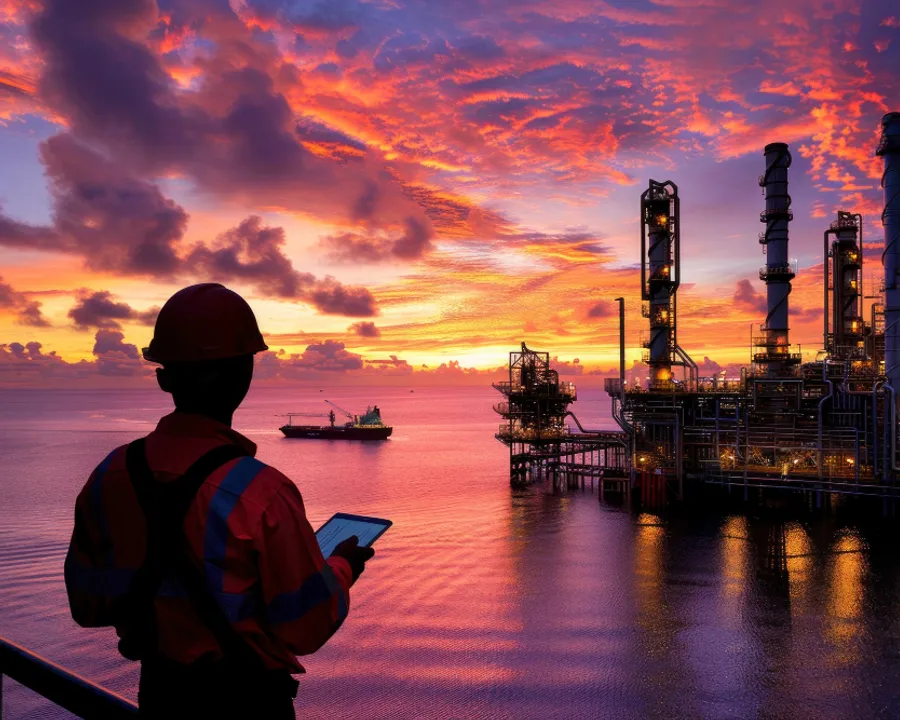 Offshore oil and gas platform at sunset with an operator reviewing a tablet